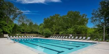A swimming pool with chaise lounge chairs and trees in the background